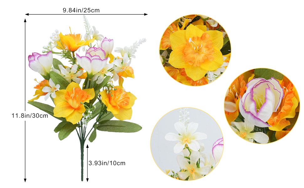 Artificial daffodil and tulip bouquet with detailed close-ups of flowers and dimensions