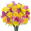 Bouquet of artificial daffodils and tulips in yellow and pink with white accents, presented against a white background.