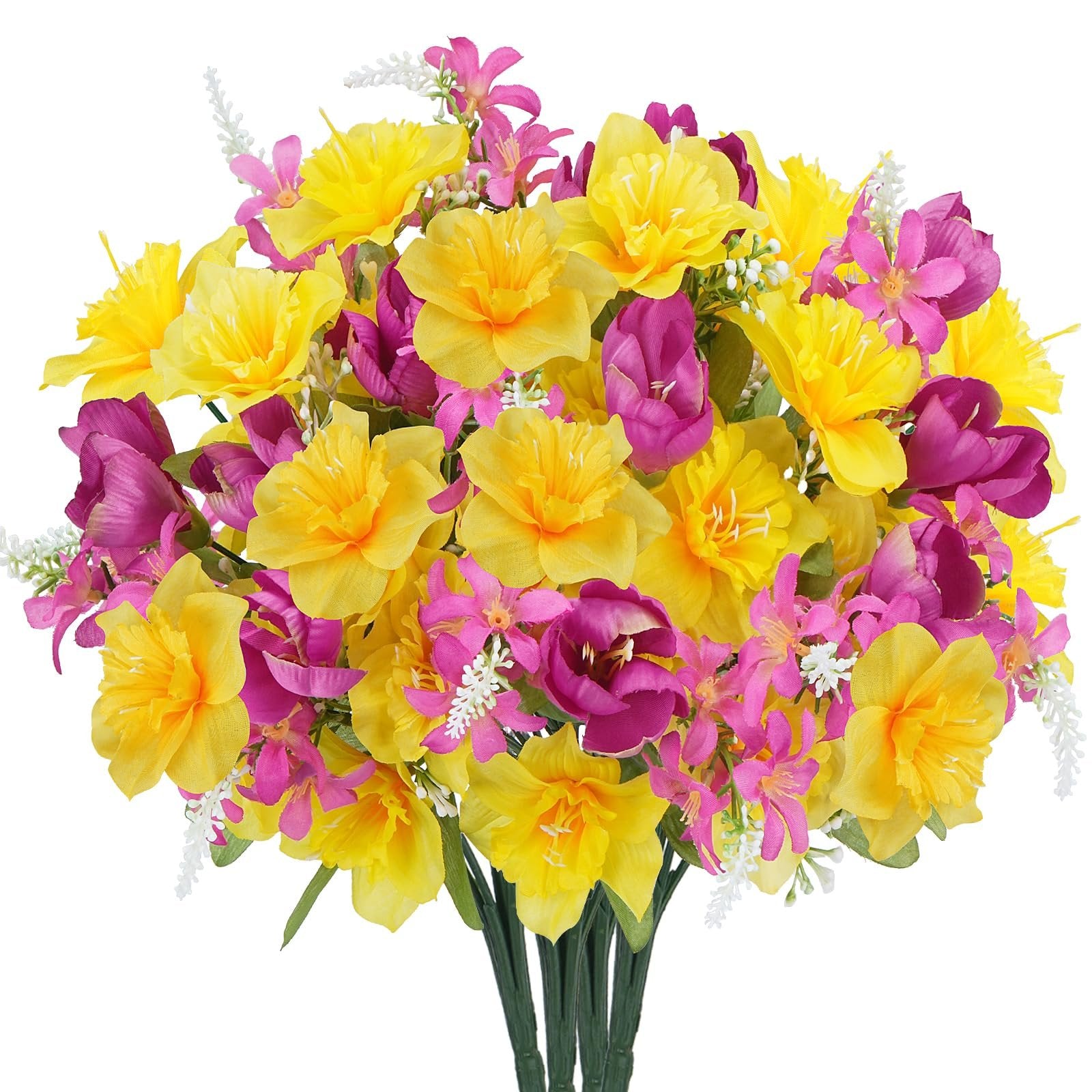 Bouquet of artificial daffodils and tulips in yellow and pink with white accents, presented against a white background.