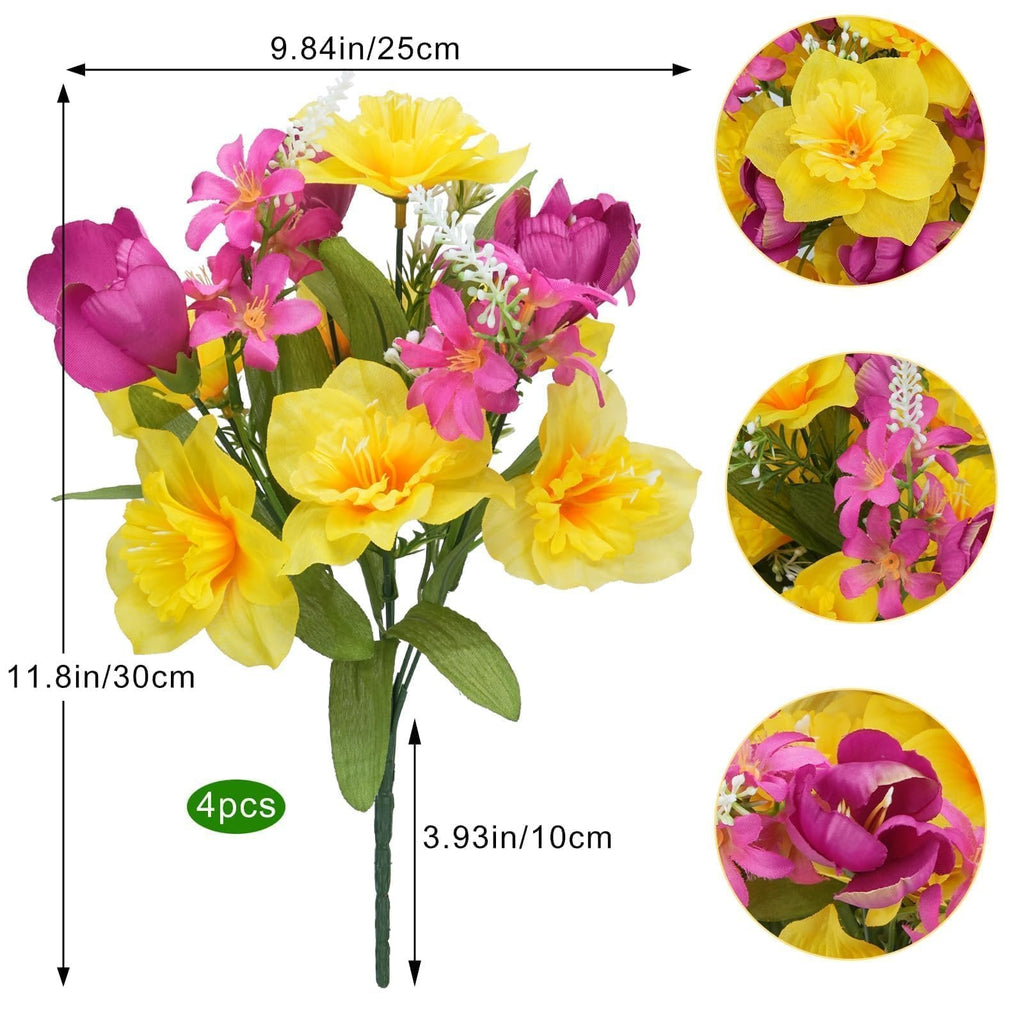 Artificial daffodil and tulip flower bouquet with dimensions indicated, shown from the front and in detail circles.