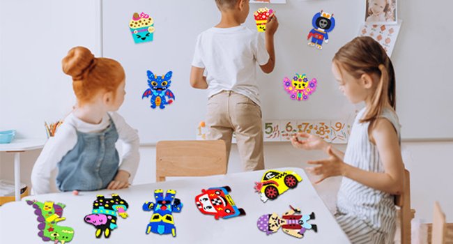 Children creating foam art crafts, with various foam animal and vehicle shapes displayed on a table and whiteboard.