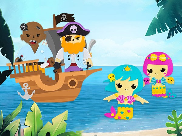 Pirate ship with two pirates and two mermaids on a tropical beach background