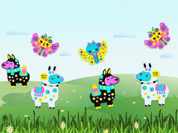 Foam art craft kit butterflies and llamas on a grassy hill background