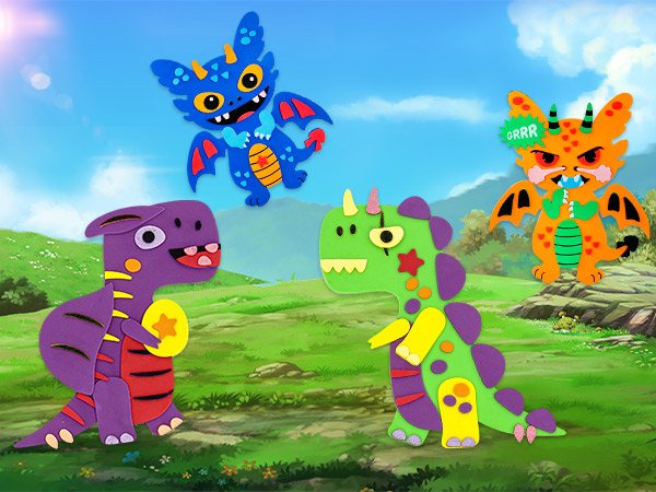 Four colorful foam art craft kit dragons displayed outdoors with a grassy landscape and sky background.