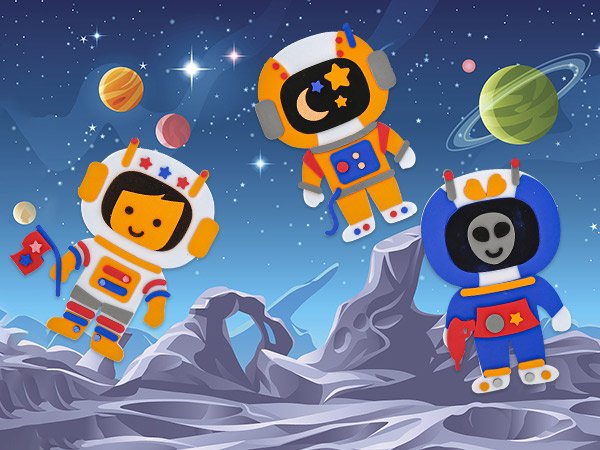 Three foam astronaut craft stickers floating in space with planets and stars in the background.