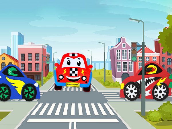 Three cartoon cars at a city intersection with traffic lights and buildings