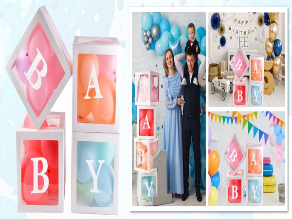 Four clear balloon boxes with white 'B', 'A', 'B', 'Y' letters, filled with colorful balloons, arranged in a collage with party scenes.