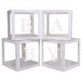 Four white cube-shaped balloon boxes with letters B, A, B, Y on the front panels, arranged in a 2x2 grid on a white background.