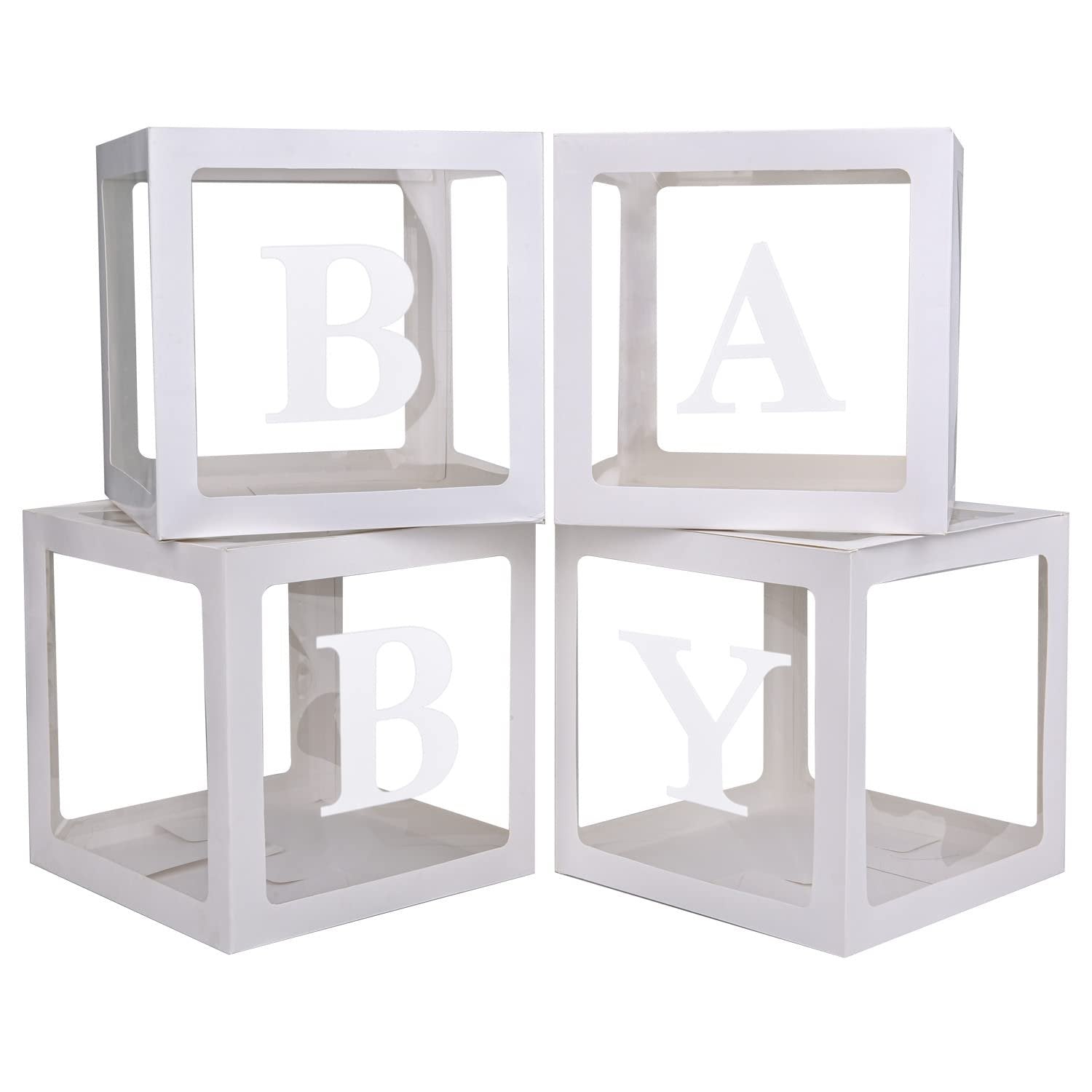 Four white cube-shaped balloon boxes with letters B, A, B, Y on the front panels, arranged in a 2x2 grid on a white background.