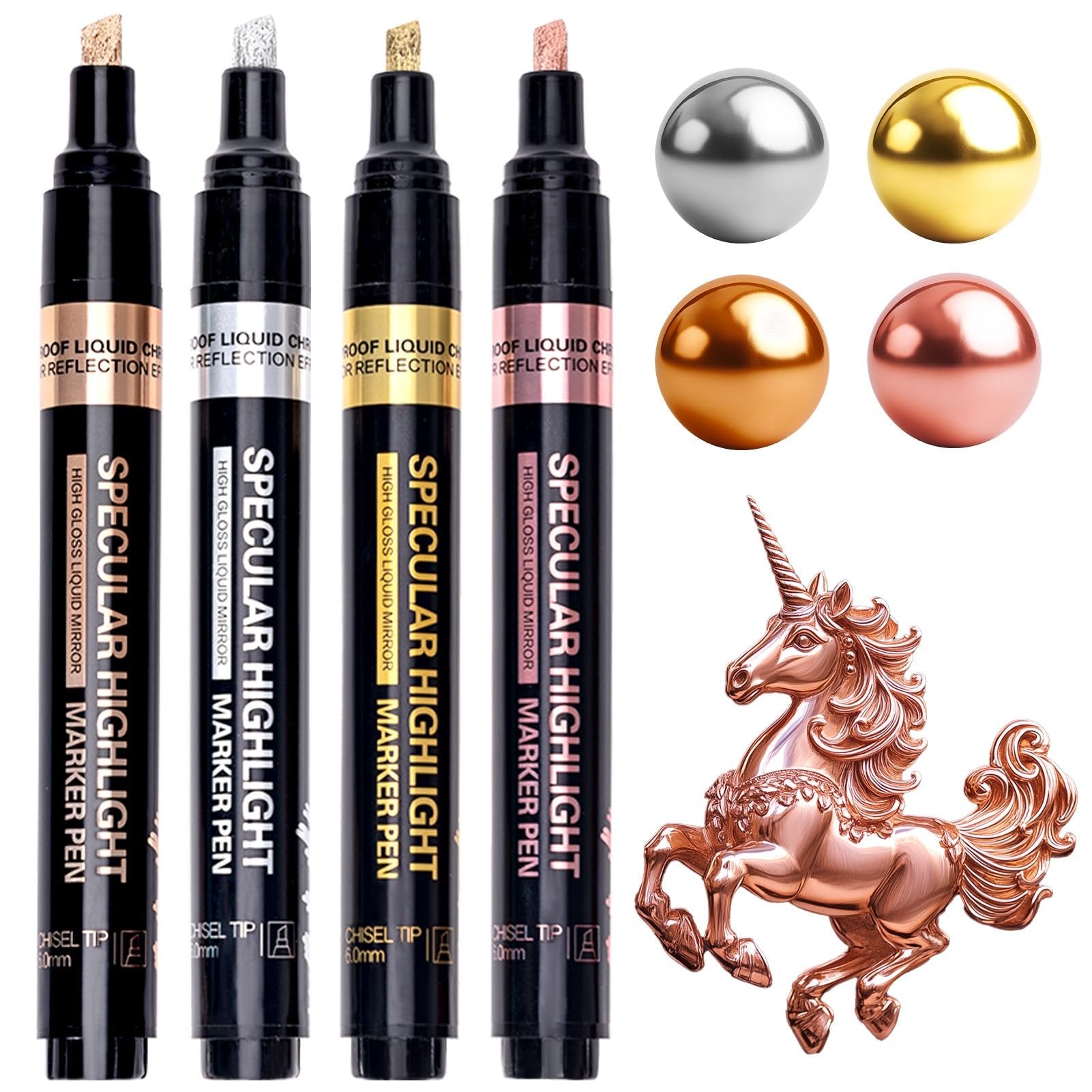 Four chrome paint markers with chisel tips and four metallic spheres, plus a rose gold unicorn figurine.