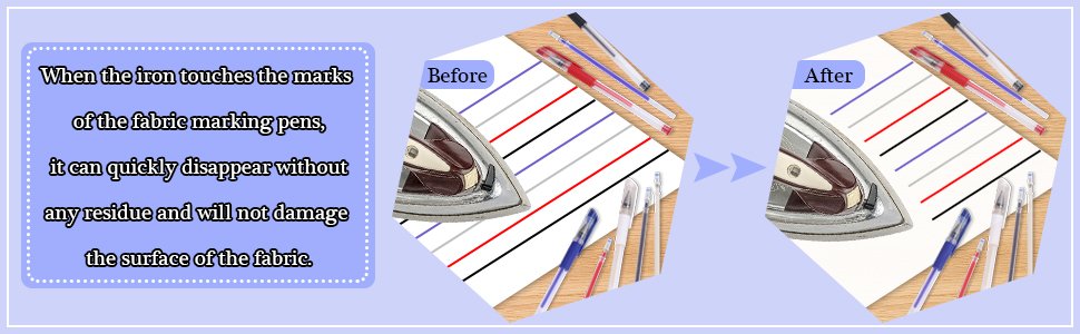 Fabric marking pens shown before and after being ironed, with text explaining their disappearing properties.