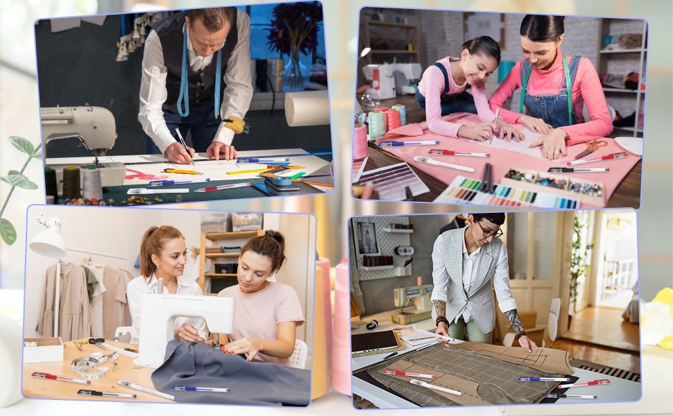 Collage of four scenes showing people using fabric marking pens for sewing and design projects.