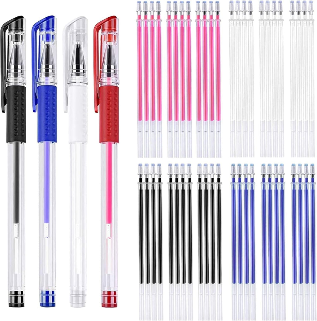 Four heat erasable fabric marking pens in black, blue, white, and red, with multiple black, blue, and pink ink refills.