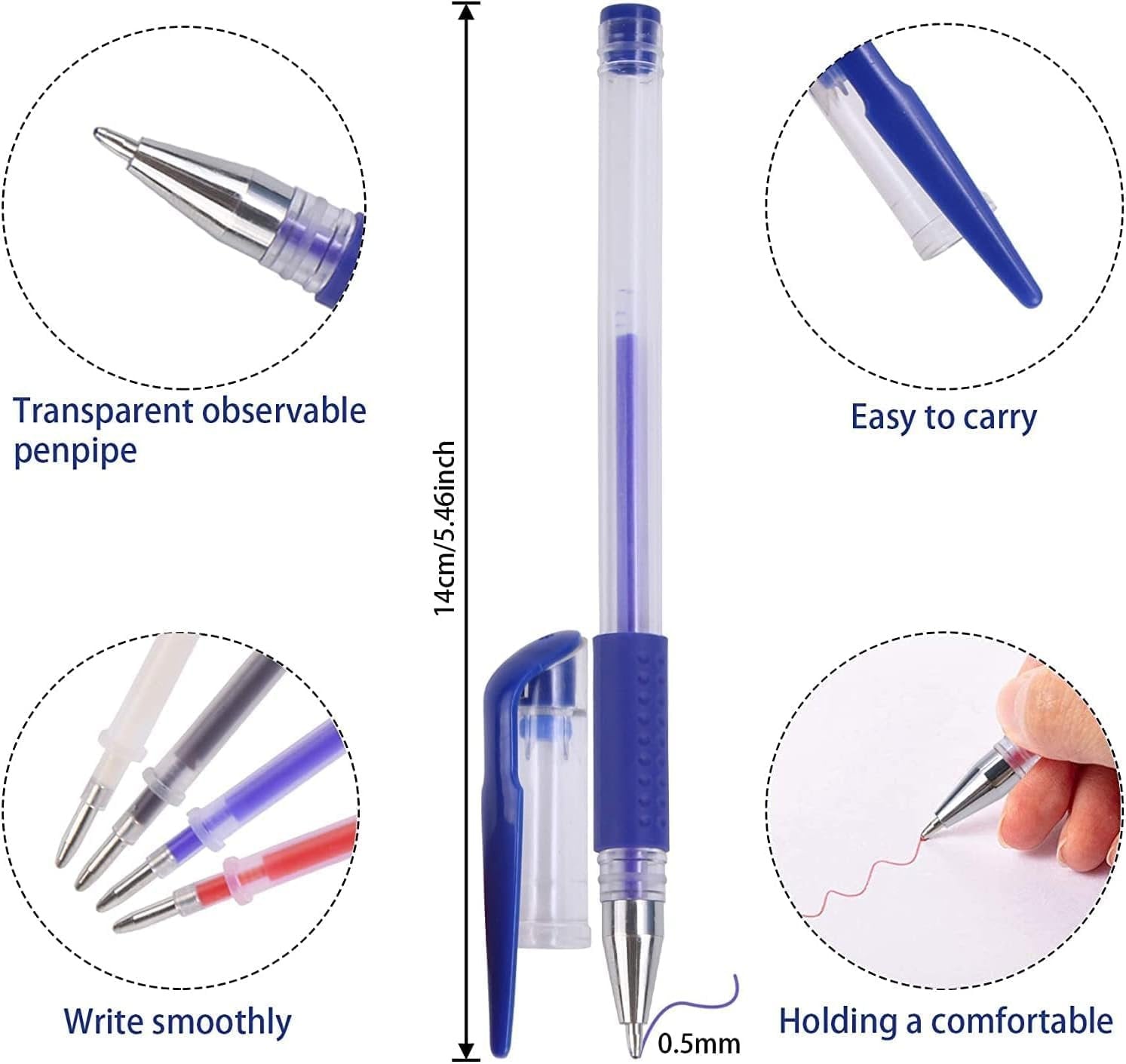 Set of heat erasable fabric marking pens with close-ups showing pen tip, ink cartridges, and writing action.