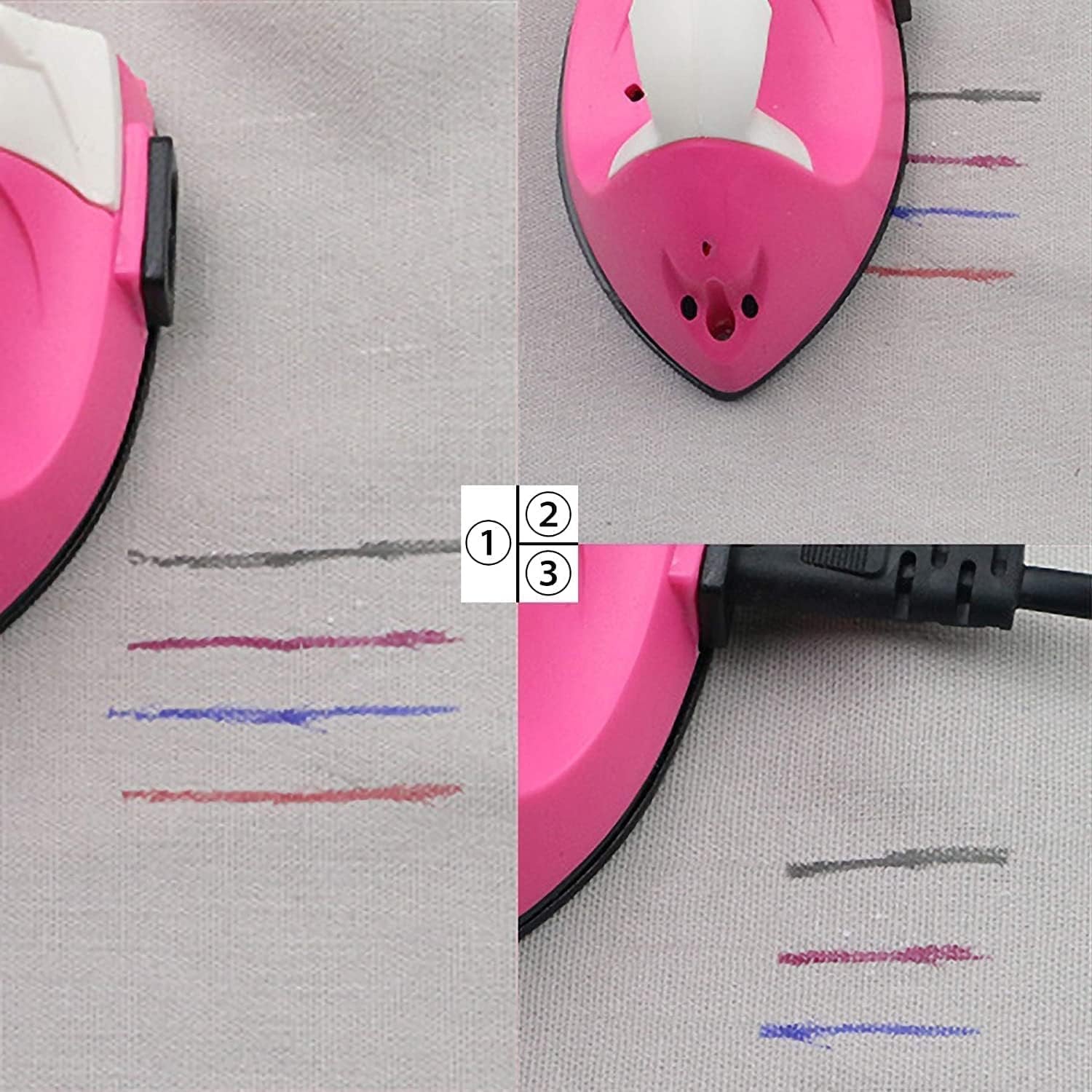 Four panels showing a pink heat erasable fabric marker being used to draw lines on fabric, demonstrating different colors and the effect of heat.