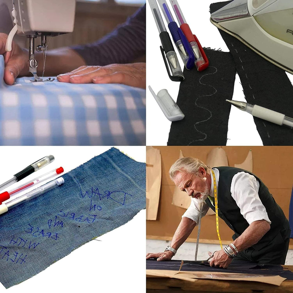 Collage of four images showing fabric marking pens, sewing, and tailoring.