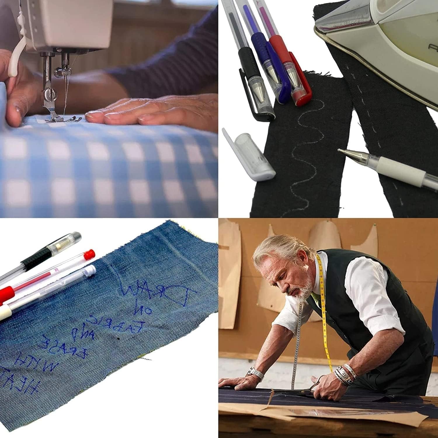 Collage of four images showing fabric marking pens, sewing, and tailoring.