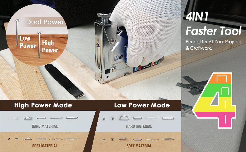 Manual staple gun in use, demonstrating dual power modes and staple types for hard and soft materials.