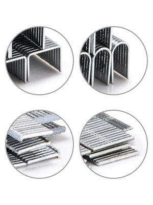 Four close-up views of metal staples, showing different angles and arrangements.
