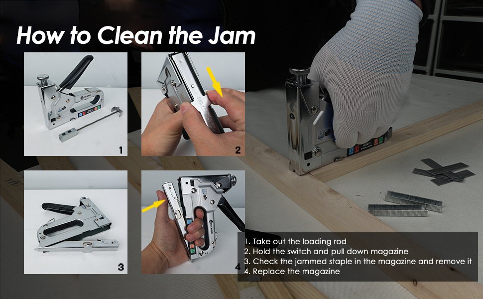 Manual staple gun with instructions on how to clear a jam, showing four steps and a person using the gun.
