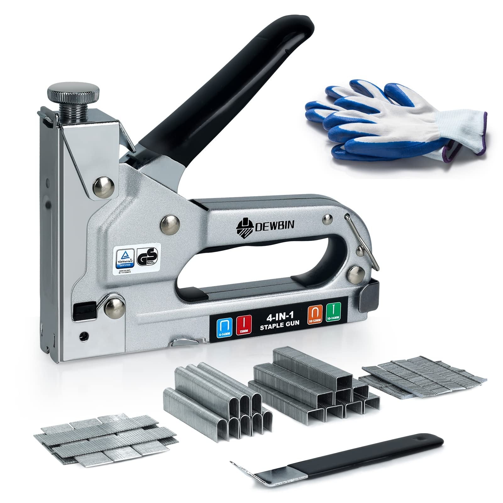 4-in-1 staple gun with various staple sizes, remover, and safety gloves on a white background.