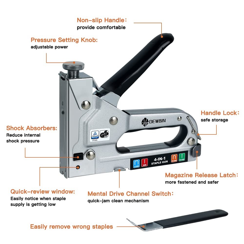 Silver and black 4-in-1 staple gun with various features labeled, shown from a side angle with a staple remover below.