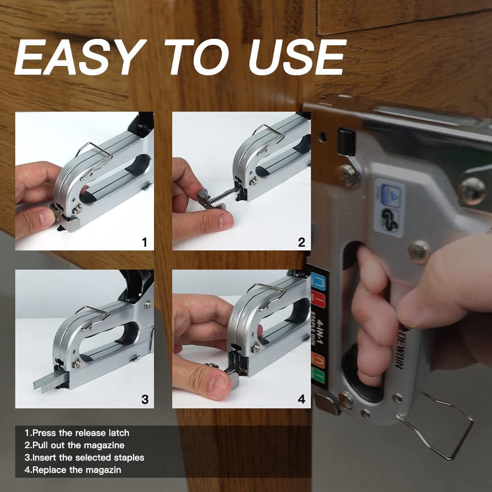 Manual staple gun with four inset images showing loading steps and text instructions.