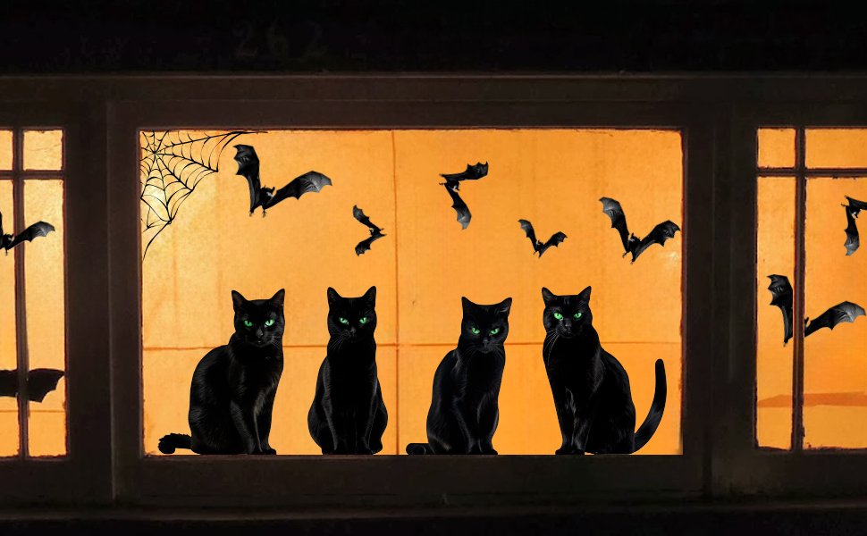 Four black cat Halloween window clings with bats and spiderwebs on an orange background.