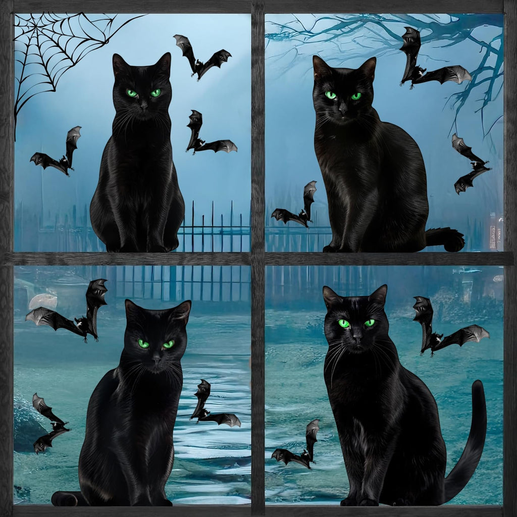 Four black cats with green eyes sit in a window with bats and spiderwebs for Halloween