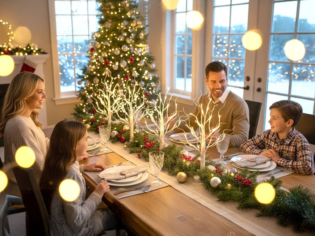 Family gathered around a dining table decorated for Christmas with lighted birch trees and a Christmas tree in the background.
