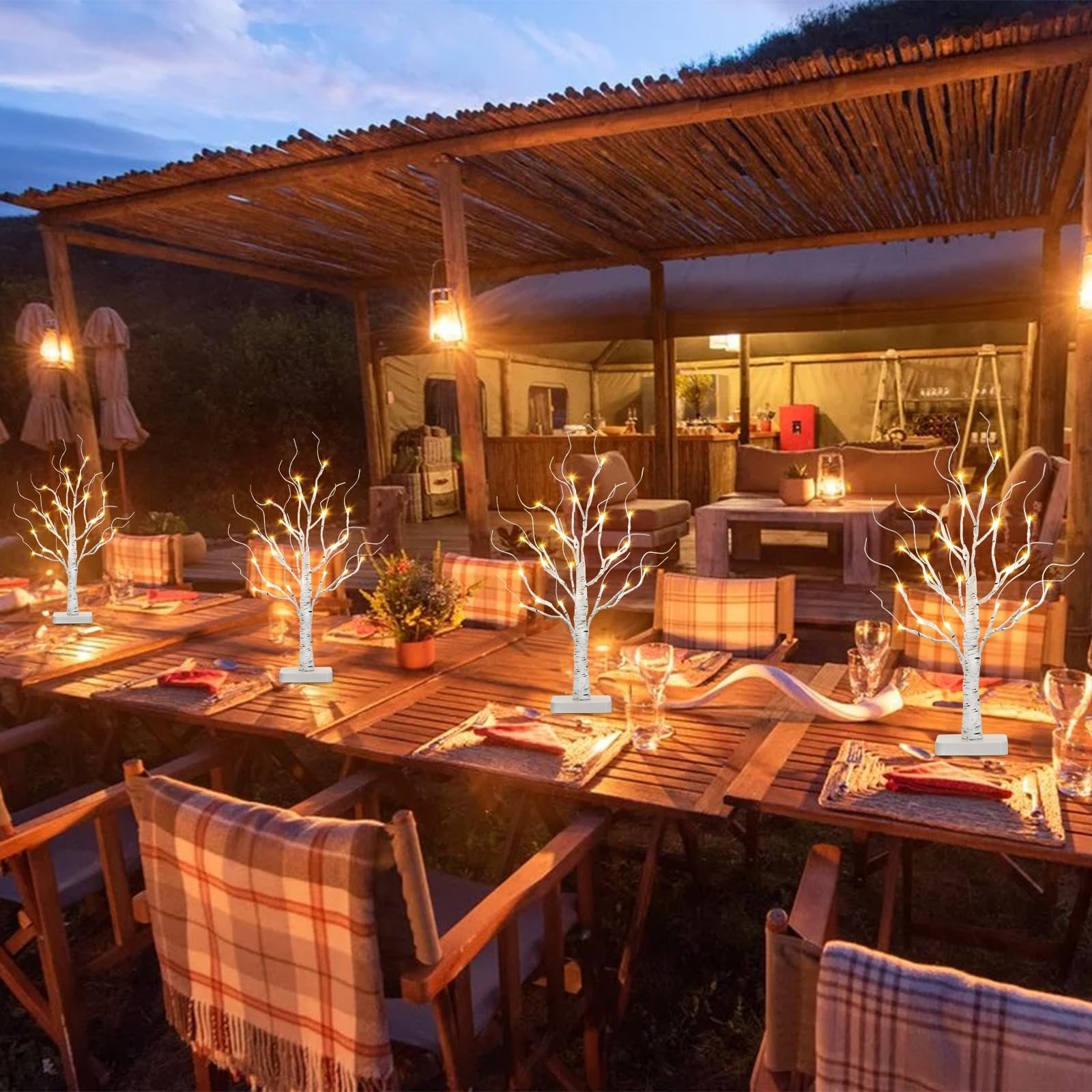 Four lighted birch tabletop trees with warm white LEDs set on a wooden table outdoors at dusk.