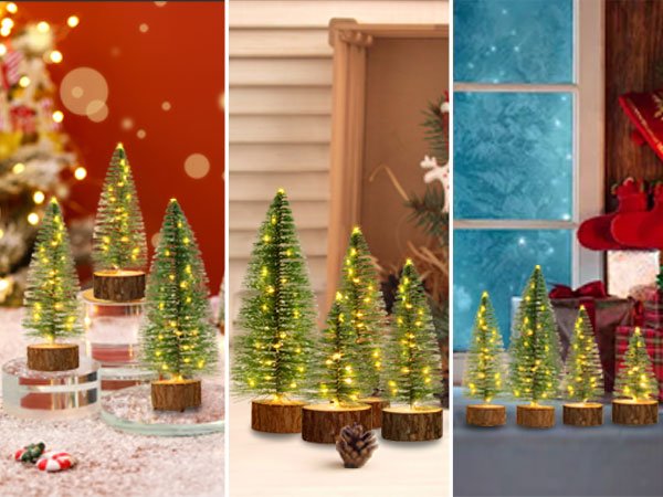 Four mini artificial bottle brush Christmas trees with warm white LED lights on wooden bases, arranged in festive settings.