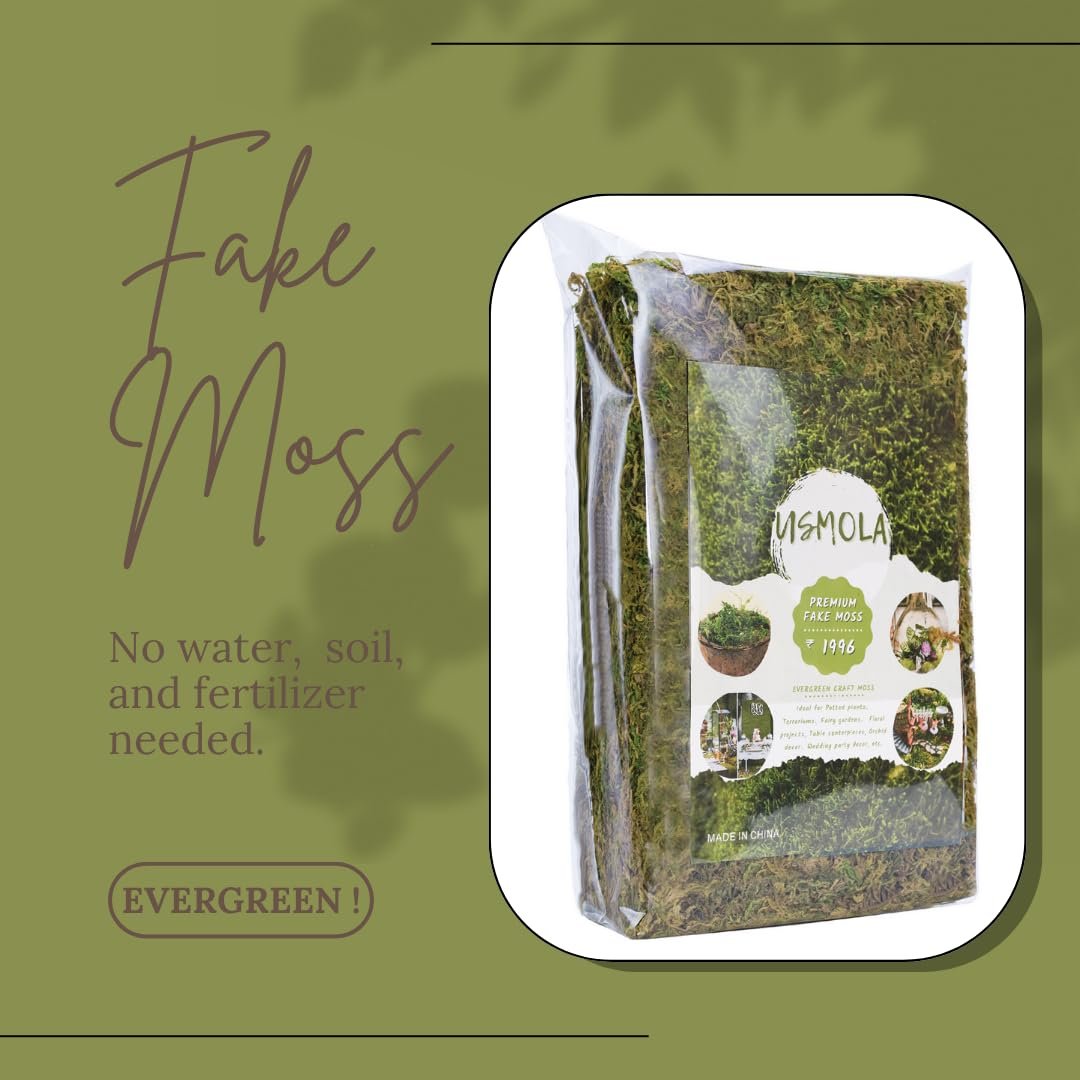 Bag of green artificial moss with text overlays on a green background.