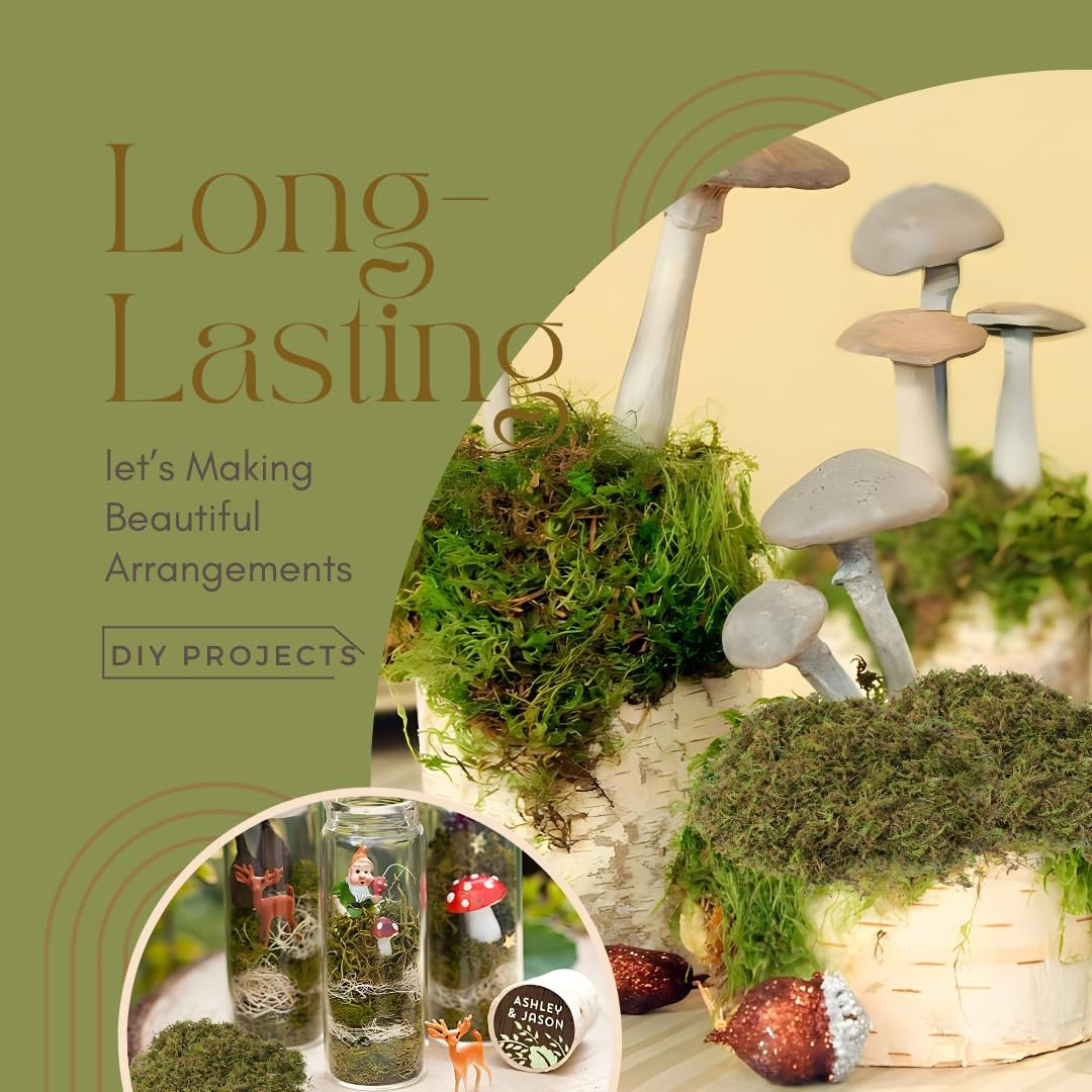 Artificial green moss arranged with mushroom decorations in birch bark containers and small glass jars.