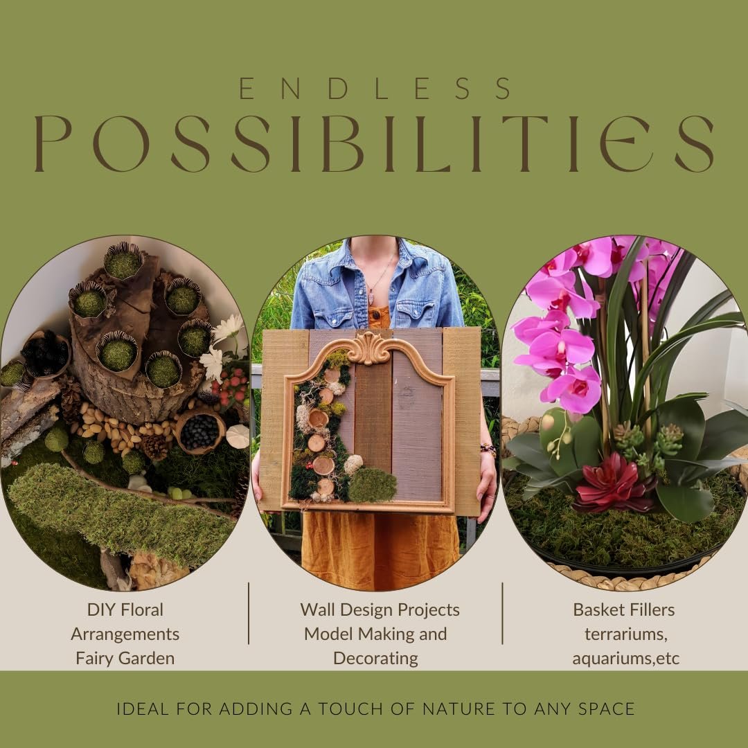 Collage of three circular images showcasing artificial green moss in various craft and decor applications, with text overlays.