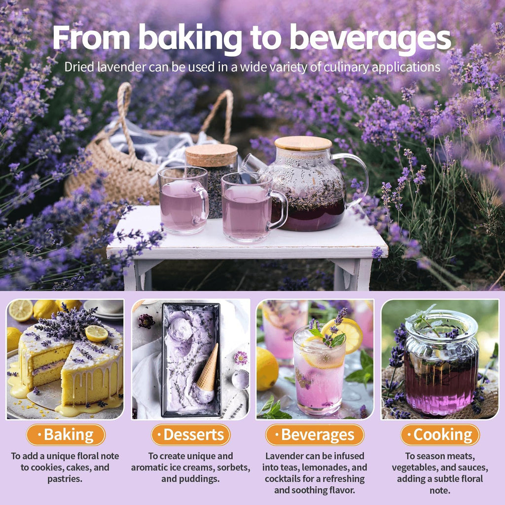 Collage of culinary uses for dried lavender: baking, desserts, beverages, and cooking, set against a lavender field background.