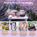 Collage of culinary uses for dried lavender: baking, desserts, beverages, and cooking, set against a lavender field background.