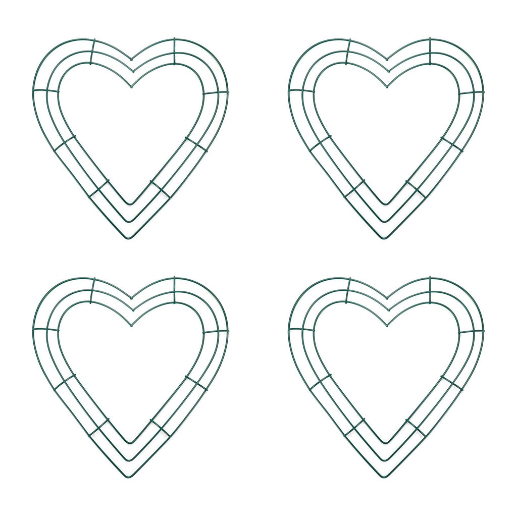 Four green wire heart wreath forms arranged in a 2x2 grid on a white background.