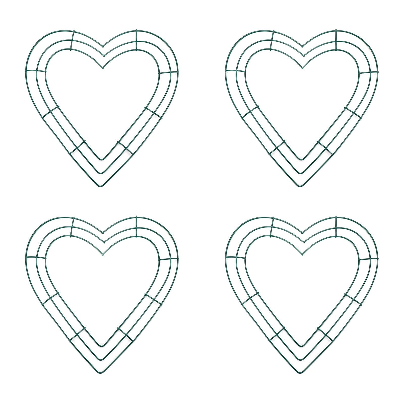 Four green wire heart wreath forms arranged in a 2x2 grid on a white background.