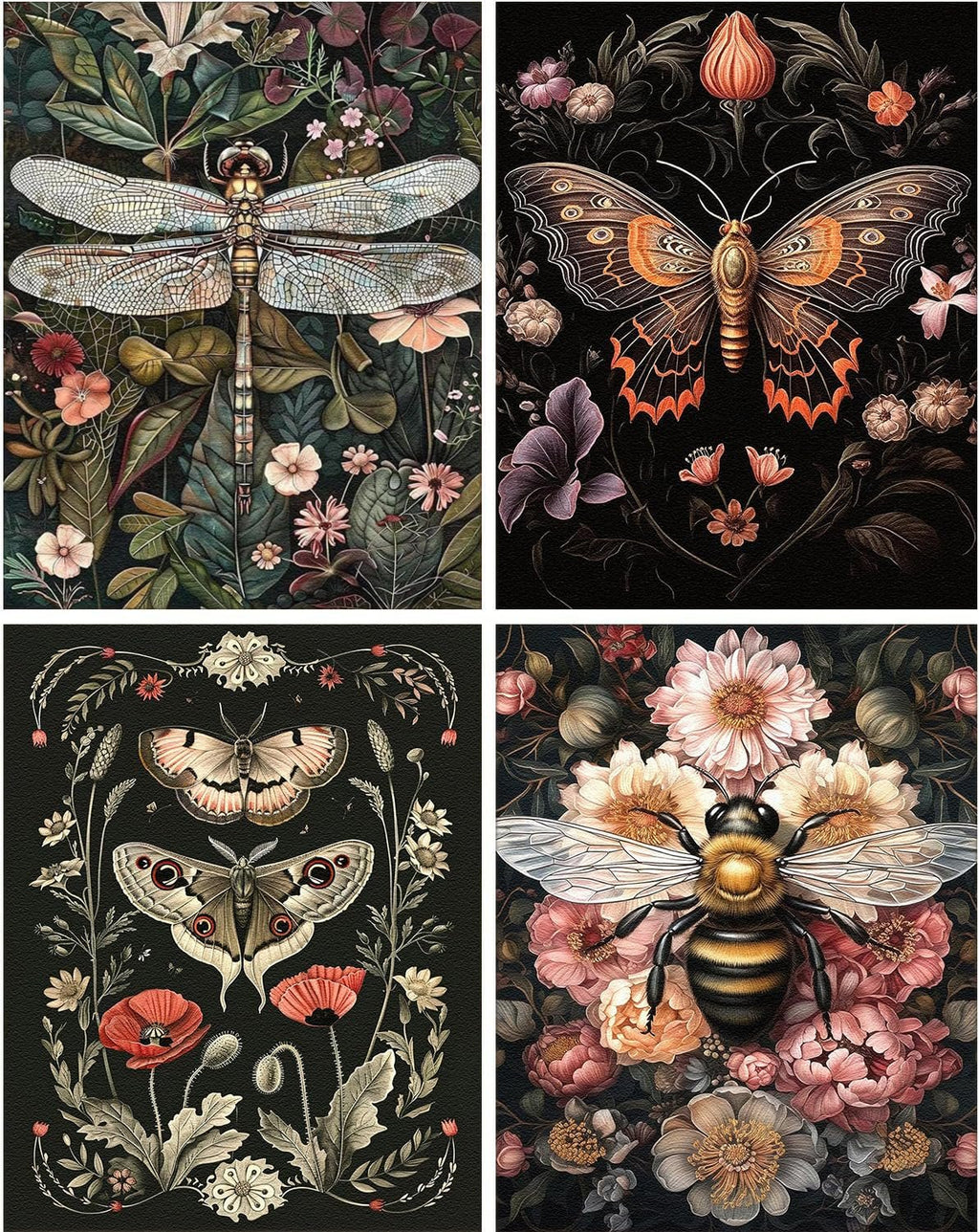 Four diamond painting kit designs featuring a dragonfly, butterfly, moths, and a bee surrounded by flowers.