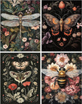 Four diamond painting kit designs featuring a dragonfly, butterfly, moths, and a bee surrounded by flowers.