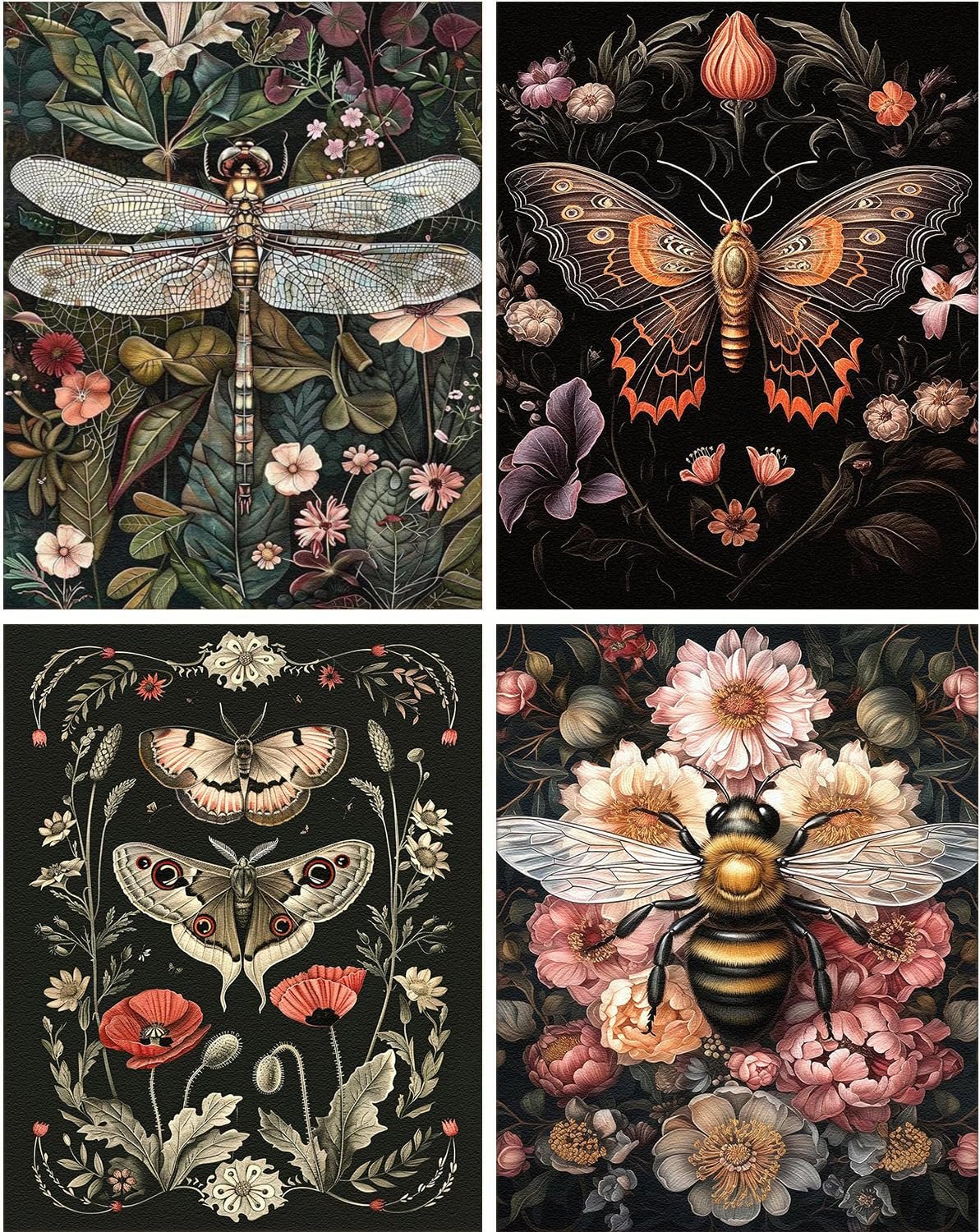Four diamond painting kit designs featuring a dragonfly, butterfly, moths, and a bee surrounded by flowers.