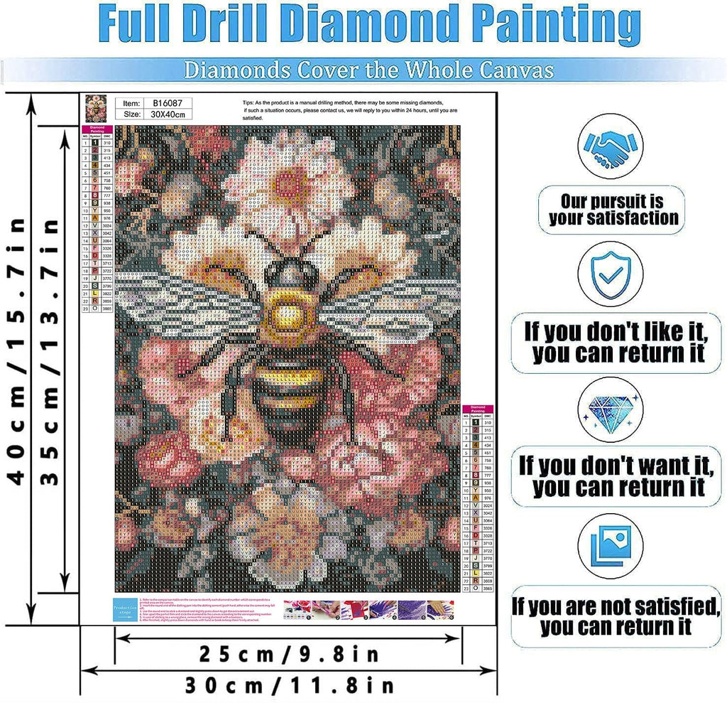 Diamond painting kit featuring a bee on a floral background, with a color chart and instructions. Includes size dimensions.