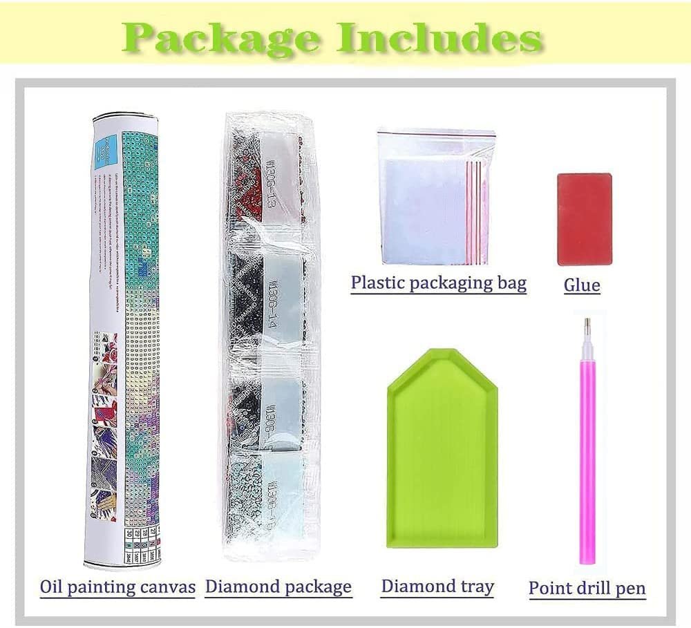Diamond painting kit contents laid out, showing rolled canvas, diamond bags, plastic bag, glue, tray, and drill pen.