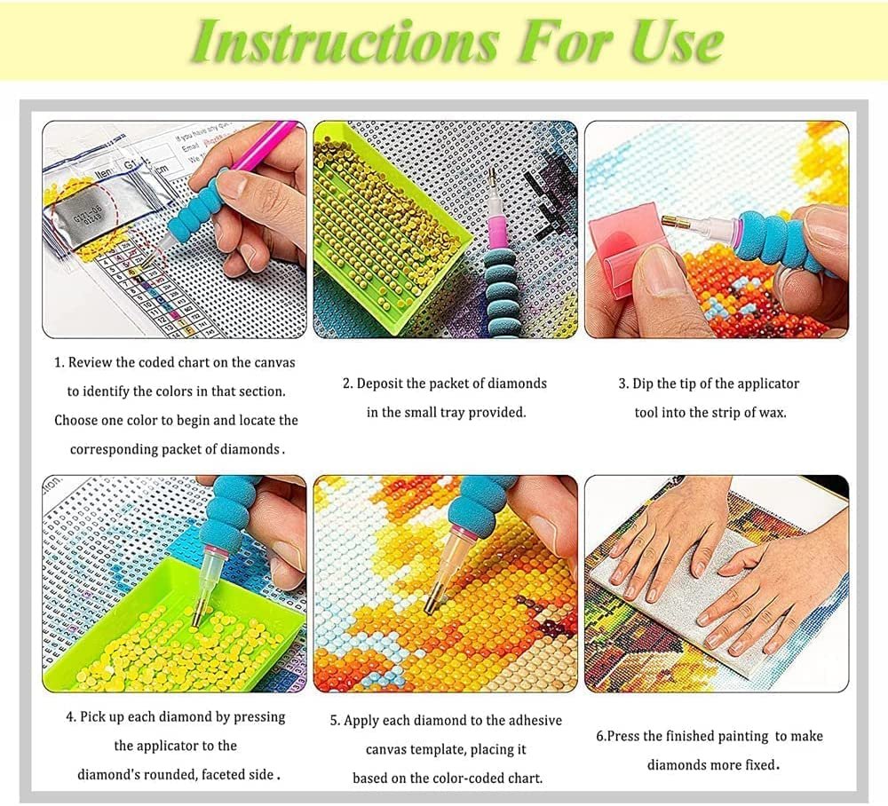 Diamond painting instructions showing 6 steps: reviewing chart, depositing diamonds, dipping in wax, picking up diamonds, applying diamonds, and pressing finished painting.