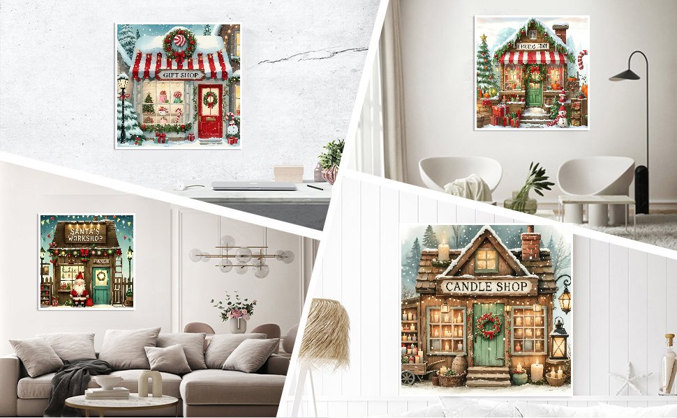 Four diamond art kit scenes: Gift Shop, Christmas Shop, Santa's Workshop, and Candle Shop, displayed in a collage.