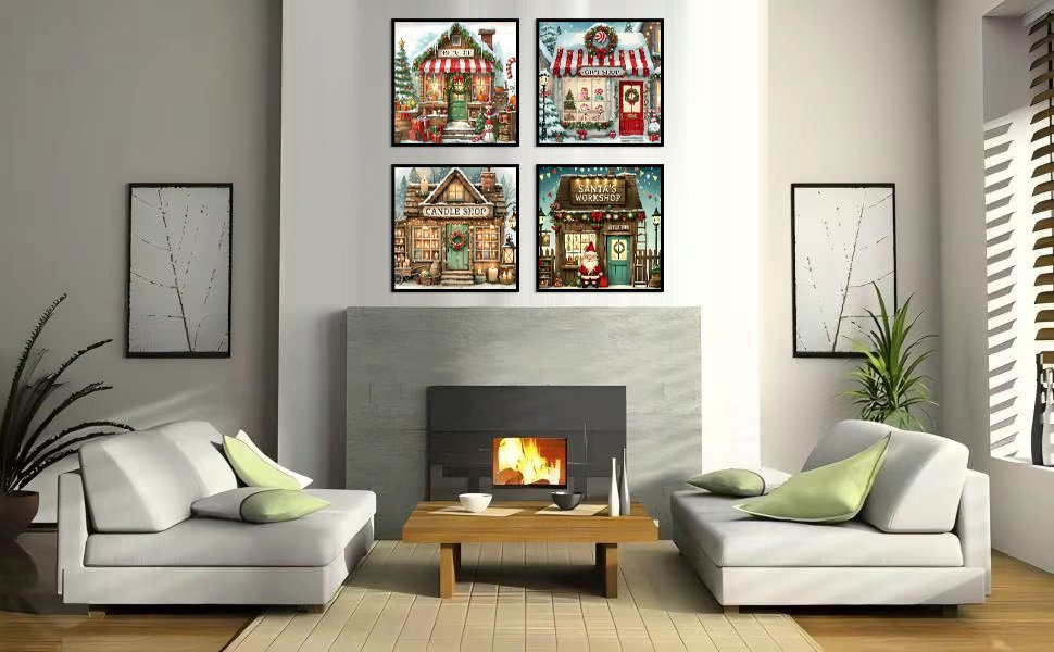 Four framed 5D diamond art kits depicting Christmas shops displayed above a fireplace in a living room setting.
