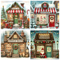 Four Christmas-themed shop illustrations: a Christmas store, a gift shop, a candle shop, and Santa's workshop, all in a snowy setting.