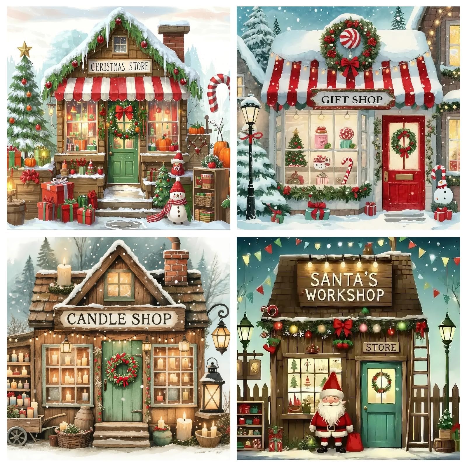 Four Christmas-themed shop illustrations: a Christmas store, a gift shop, a candle shop, and Santa's workshop, all in a snowy setting.