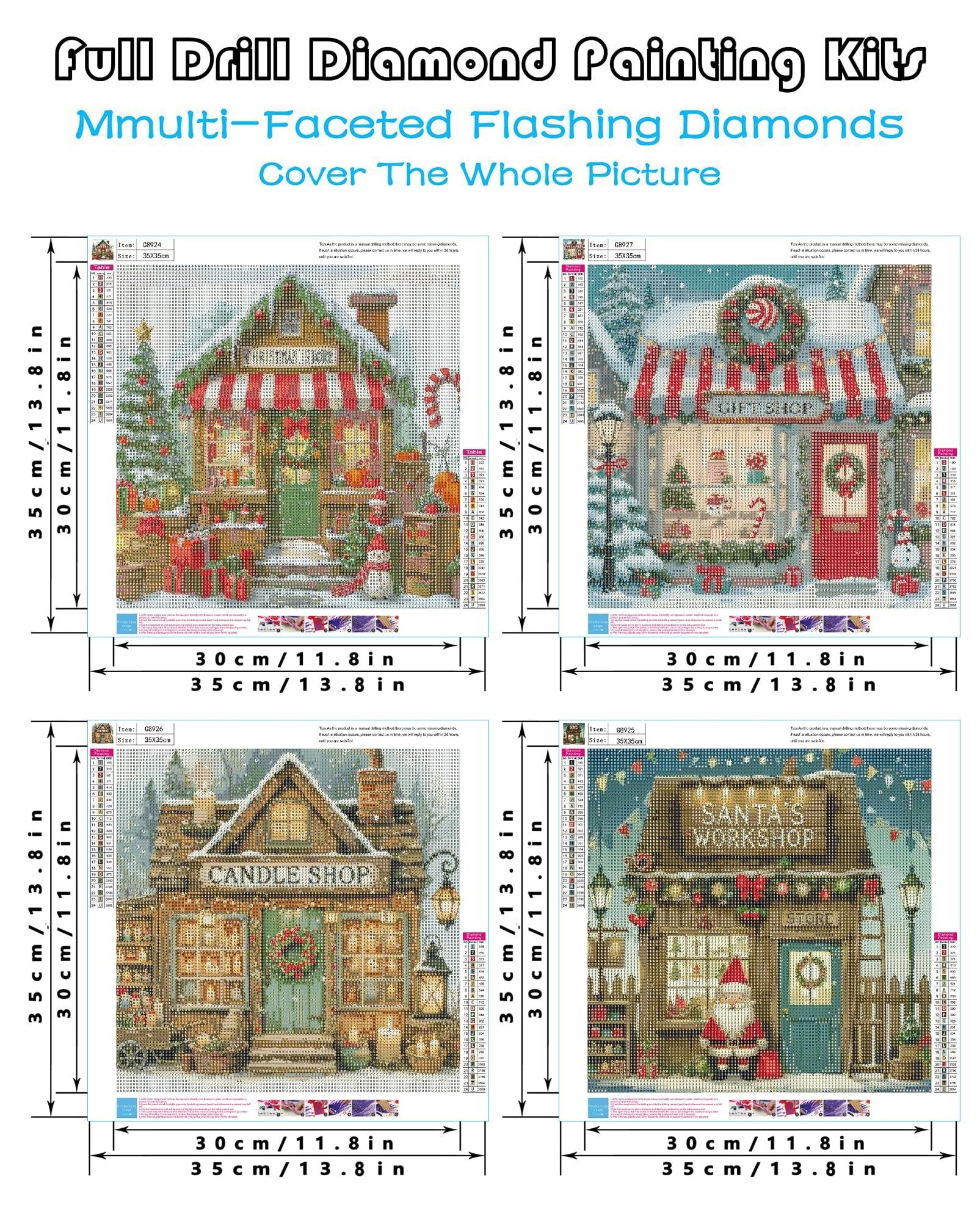 Four diamond painting kits showing Christmas scenes: a Christmas store, a gift shop, a candle shop, and Santa's workshop.
